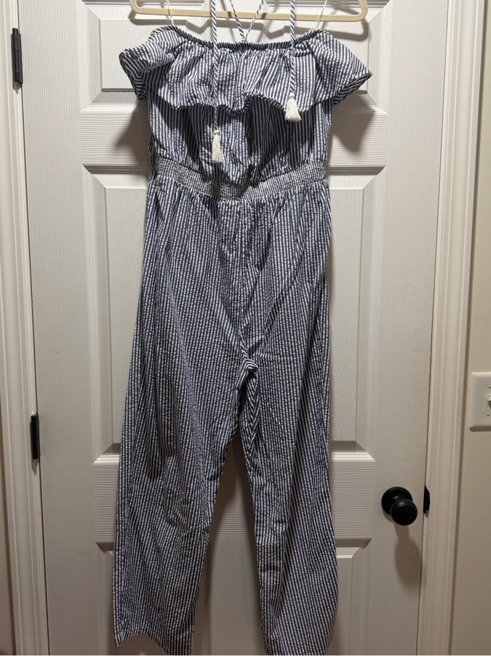 J. Crew Navy & White Striped Off-Shoulder woman’s One-Piece